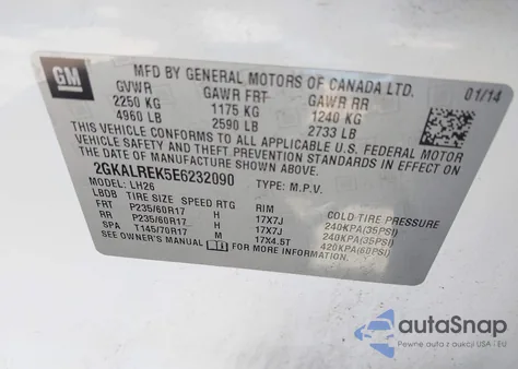 2014 GMC Terrain Sle-2 z USA, uszkodzony, nr VIN 2GKALREK5E6232090